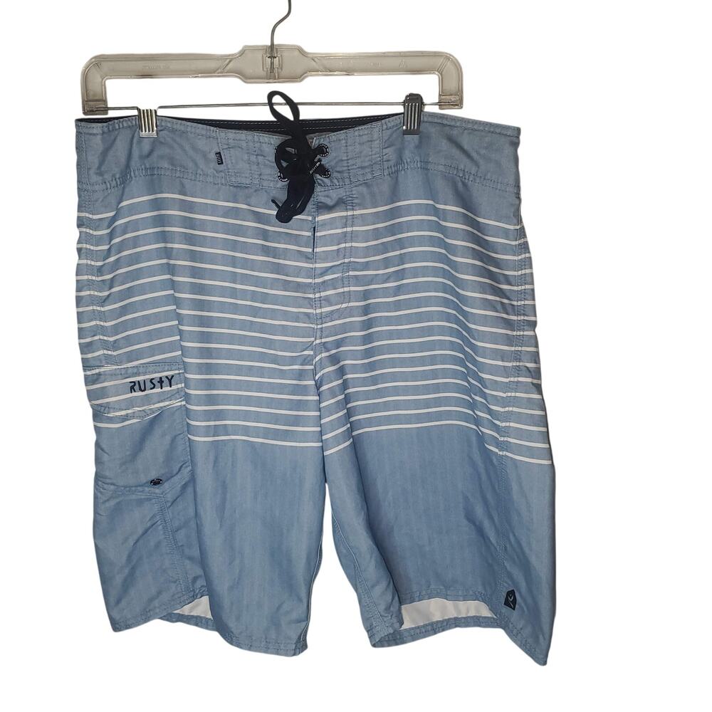 Rusty Board Shorts Blue Stripe Swim Trunks Size 33 (34x10) Surf Beach